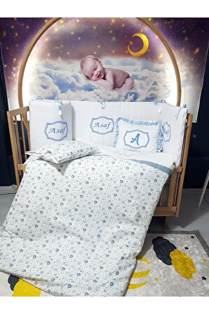 Elit Serisi 60x120 İsimli Bebek Uyku Seti Pamuklu - Mavi Kalp, Nakışlı Beşik Korumalık ve Kırlent