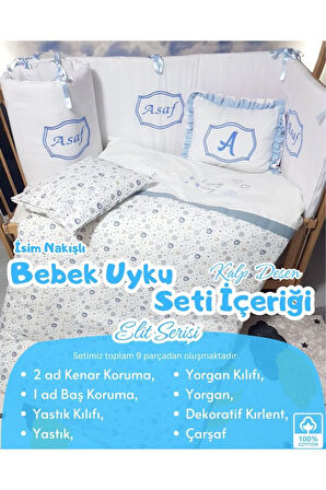 Elit Serisi 60x120 İsimli Bebek Uyku Seti Pamuklu - Mavi Kalp, Nakışlı Beşik Korumalık ve Kırlent