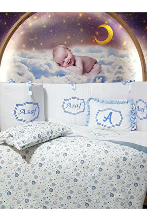 Elit Serisi 60x120 İsimli Bebek Uyku Seti Pamuklu - Mavi Kalp, Nakışlı Beşik Korumalık ve Kırlent