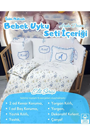 Elit Serisi 60x120 İsimli Bebek Uyku Seti Pamuklu - Mavi Araba, Nakışlı Beşik Korumalık ve Kırlent