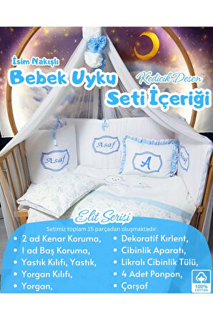 Elit Serisi 60x120 Bebek Uyku Seti Pamuklu - Mavi Kedicik, Likralı Cibinlik ve İsim Nakışlı Kırlent