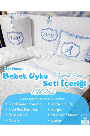 Elit Serisi 60x120 İsimli Bebek Uyku Seti Pamuklu - Mavi Kedicik, Nakışlı Beşik Korumalık ve Kırlent