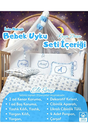 Elit Serisi 60x120 Bebek Uyku Seti Pamuklu - Mavi Kuzu, Lüks Cibinlikli ve İsim Nakışlı Kırlent