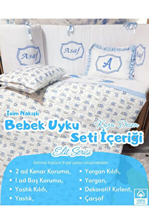 Elit Serisi 60x120 İsimli Bebek Uyku Seti Pamuklu - Mavi Kuzu, Nakışlı Kenar Korumalık ve Kırlent