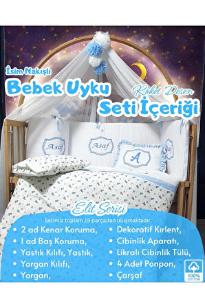 Elit Serisi 60x120 Bebek Uyku Seti Pamuklu - Mavi Roket, Lüks Cibinlikli ve İsim Nakışlı Kırlent