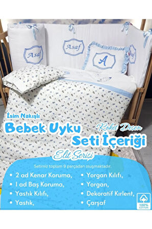 Elit Serisi 60x120 İsimli Bebek Uyku Seti Pamuklu - Mavi Roket, Nakışlı Kenar Korumalık ve Kırlent