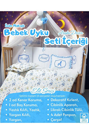 Elit Serisi 60x120 Bebek Uyku Seti Pamuklu - Mavi Araba, Likralı Cibinlik ve İsim Nakışlı Kırlent