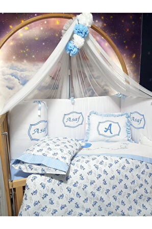 Elit Serisi 60x120 Bebek Uyku Seti Pamuklu - Mavi Beşik, Lüks Cibinlikli ve İsim Nakışlı Kırlent