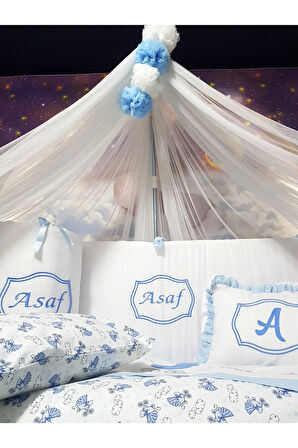 Elit Serisi 60x120 Bebek Uyku Seti Pamuklu - Mavi Beşik, Lüks Cibinlikli ve İsim Nakışlı Kırlent