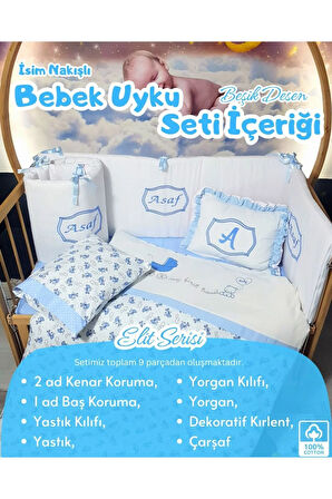 Elit Serisi 60x120 İsimli Bebek Uyku Seti Pamuklu - Mavi Beşik, Nakışlı Kenar Korumalık ve Kırlent