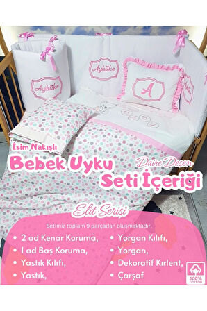 Elit Serisi 60x120 İsimli Bebek Uyku Seti Pamuklu - Pembe Daire, Nakışlı Beşik Korumalık ve Kırlent