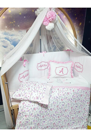 Elit Serisi 60x120 Bebek Uyku Seti Pamuklu - Pembe Hippo, Lüks Cibinlikli ve İsim Nakışlı Kırlent