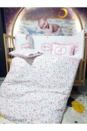 Elit Serisi 60x120 İsimli Bebek Uyku Seti Pamuklu - Pembe Hippo, Nakışlı Beşik Korumalık ve Kırlent