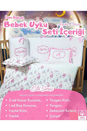 Elit Serisi 60x120 İsimli Bebek Uyku Seti Pamuklu - Pembe Araba, Nakışlı Kenar Korumalık ve Kırlent