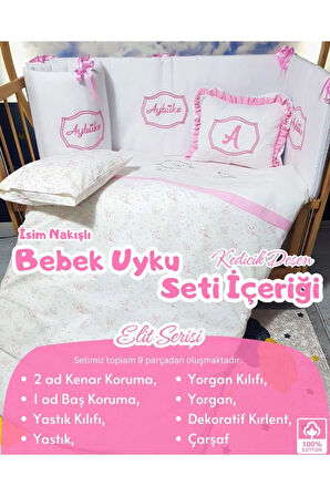 Elit Serisi 60x120 İsimli Bebek Uyku Seti Pamuklu - Pembe Kedicik, Nakışlı Yan Korumalık ve Kırlent