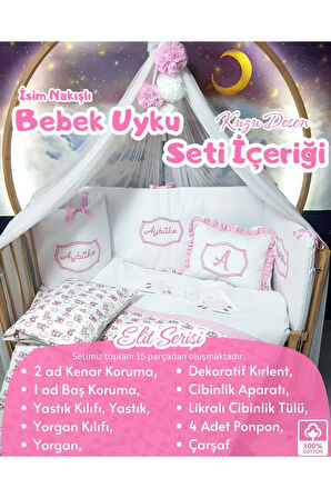 Elit Serisi 60x120 Bebek Uyku Seti Pamuklu - Pembe Kuzu, Likralı Cibinlik ve İsim Nakışlı Kırlent