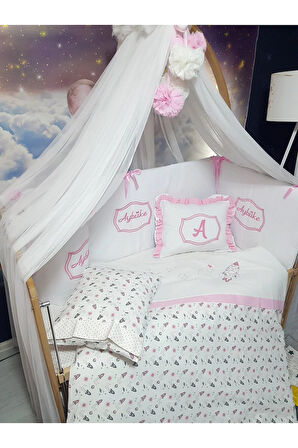 Elit Serisi 60x120 Bebek Uyku Seti Pamuklu - Pembe Roket, Likralı Cibinlik ve İsim Nakışlı Kırlent