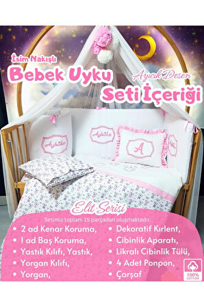 Elit Serisi 60x120 Bebek Uyku Seti Pamuklu - Pembe Ayıcık, Lüks Cibinlikli ve İsim Nakışlı Kırlent