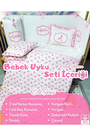 Elit Serisi 60x120 İsimli Bebek Uyku Seti Pamuklu - Pembe Beşik, Nakışlı Yan Korumalık ve Kırlent