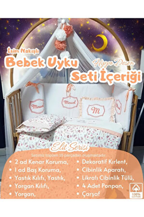 Elit Serisi 60x120 Bebek Uyku Seti Pamuklu - Somon Hippo, Likralı Cibinlik ve İsim Nakışlı Kırlent