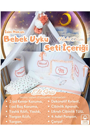 Elit Serisi 60x120 Bebek Uyku Seti Pamuklu - Somon Roket, Lüks Cibinlikli ve İsim Nakışlı Kırlent