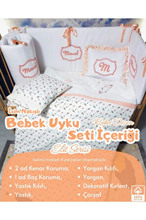 Elit Serisi 60x120 İsimli Bebek Uyku Seti Pamuklu - Somon Roket, Nakışlı Kenar Korumalık ve Kırlent