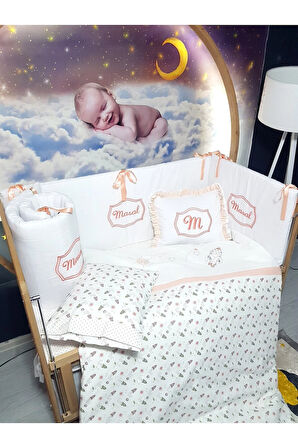 Elit Serisi 60x120 İsimli Bebek Uyku Seti Pamuklu - Somon Roket, Nakışlı Kenar Korumalık ve Kırlent