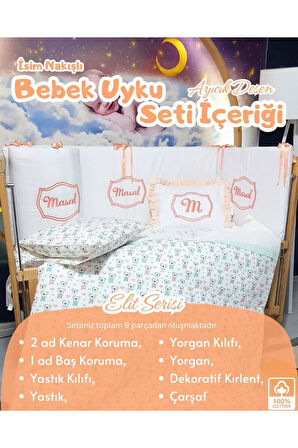 Elit Serisi 60x120 İsimli Bebek Uyku Seti Pamuklu - Somon Ayıcık, Nakışlı Kenar Korumalık ve Kırlent