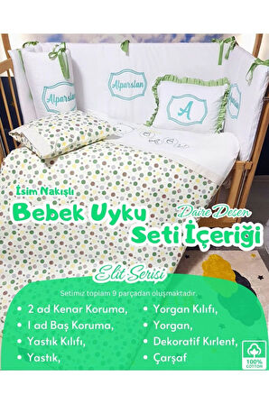 Elit Serisi 60x120 İsimli Bebek Uyku Seti Pamuklu - Yeşil Daire, Nakışlı Kenar Korumalık ve Kırlent