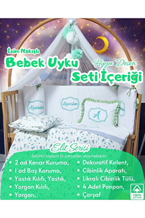 Elit Serisi 60x120 Bebek Uyku Seti Pamuklu - Yeşil Hippo, Lüks Cibinlikli ve İsim Nakışlı Kırlent