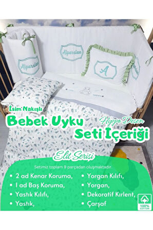 Elit Serisi 60x120 İsimli Bebek Uyku Seti Pamuklu - Yeşil Hippo, Nakışlı Beşik Korumalık ve Kırlent
