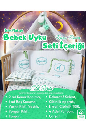 Elit Serisi 60x120 Bebek Uyku Seti Pamuklu - Yeşil Kuzu, Lüks Cibinlikli ve İsim Nakışlı Kırlent