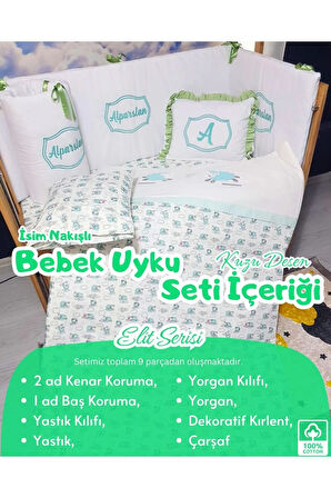 Elit Serisi 60x120 İsimli Bebek Uyku Seti Pamuklu - Yeşil Kuzu, Nakışlı Kenar Korumalık ve Kırlent
