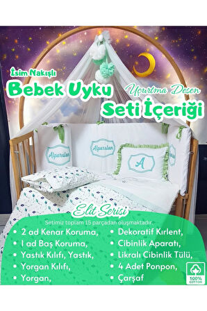 Elit Serisi 60x120 Bebek Uyku Seti Pamuklu - Yeşil Uçurtma, Likralı Cibinlik ve İsim Nakışlı Kırlent