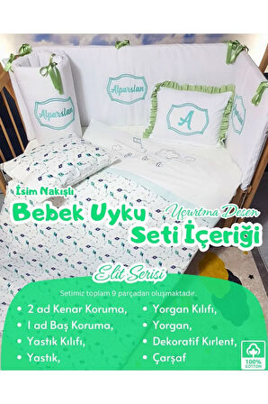 Elit Serisi 60x120 İsimli Bebek Uyku Seti Pamuklu - Yeşil Uçurtma Nakışlı Beşik Korumalık ve Kırlent