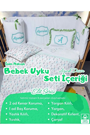 Elit Serisi 60x120 İsimli Bebek Uyku Seti Pamuklu - Yeşil Ayıcık, Nakışlı Beşik Korumalık ve Kırlent