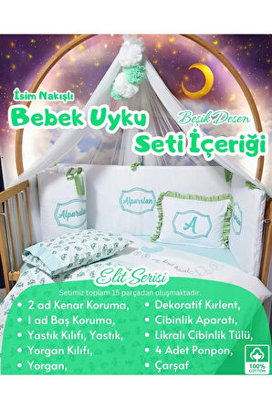 Elit Serisi 60x120 Bebek Uyku Seti Pamuklu - Yeşil Beşik, Lüks Cibinlikli ve İsim Nakışlı Kırlent