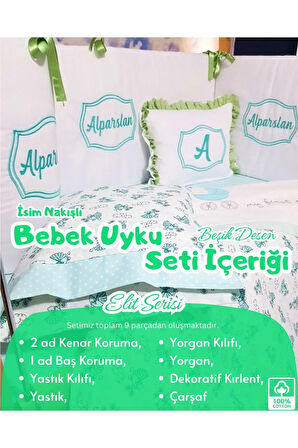 Elit Serisi 60x120 İsimli Bebek Uyku Seti Pamuklu - Yeşil Beşik, Nakışlı Kenar Korumalık ve Kırlent