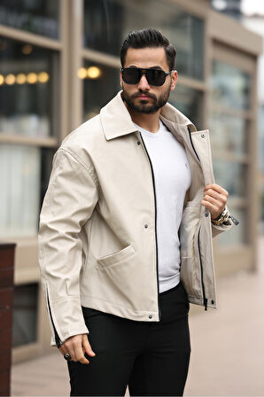 UNİSEX VİNTAGE CEP DETAYLI POLO YAKALI DERİ CEKET