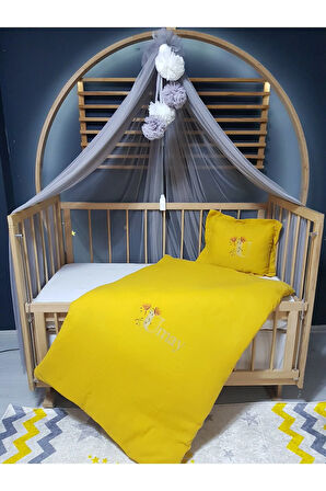 Nakışlı Müslin Uyku Seti - 100x150 cm Yorgan Kılıflı, Ponponlu Cibinlik Tülü ve Aparatlı