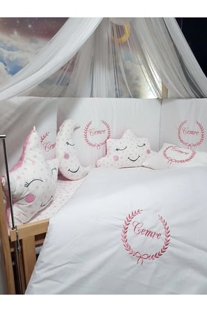 60x120 Nakışlı Bebek Uyku Seti İsimli - Lüks Cibinlik Ve Aparat - Başak Nakış Motifli