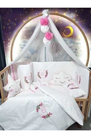 60x120 Nakışlı Bebek Uyku Seti İsimli - Lüks Cibinlik Ve Aparat - Çiçek Nakış Motifi