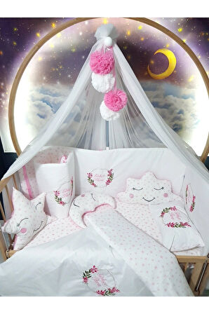 60x120 Nakışlı Bebek Uyku Seti İsimli - Lüks Cibinlik Ve Aparat - Çiçek Nakış Motifi