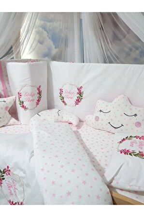60x120 Nakışlı Bebek Uyku Seti İsimli - Lüks Cibinlik Ve Aparat - Çiçek Nakış Motifi
