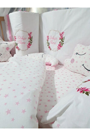 60x120 Nakışlı Bebek Uyku Seti İsimli - Lüks Cibinlik Ve Aparat - Çiçek Nakış Motifi