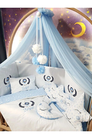 60x120 Nakışlı Bebek Uyku Seti İsimli - Lüks Cibinlik Ve Aparat - Aslan Başak Motifli