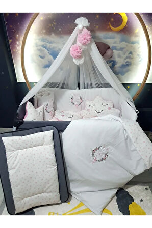 70x110 Nakışlı Bebek Uyku Seti İsimli - Lüks Cibinlik Ve Aparat - Çiçek Melek Kanadı Motifi