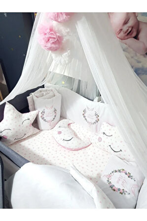 70x110 Nakışlı Bebek Uyku Seti İsimli - Lüks Cibinlik Ve Aparat - Çiçek Melek Kanadı Motifi