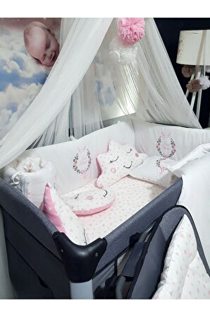 70x110 Nakışlı Bebek Uyku Seti İsimli - Lüks Cibinlik Ve Aparat - Çiçek Melek Kanadı Motifi
