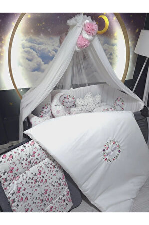 70x110 İsim Nakışlı Bebek Uyku Seti - Lüks Cibinlik Ve Aparat Dahil - Çiçek Kelebek Motifli